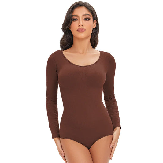 CurveLux Long Sleeve Seamless Bodysuit (Chocolate)